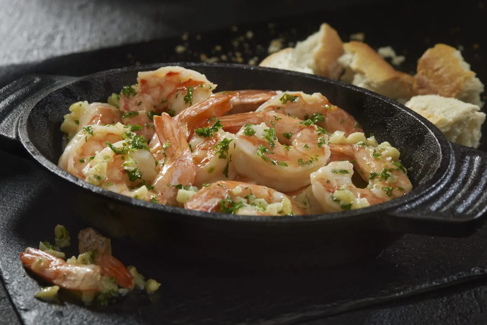 Garlic butter shrimp scampi in cast-iron skillet
