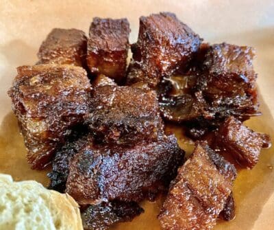 Glazed smoked beef burnt ends.