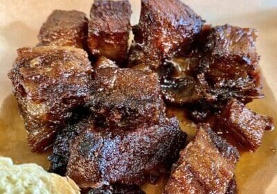 Glazed smoked beef burnt ends.