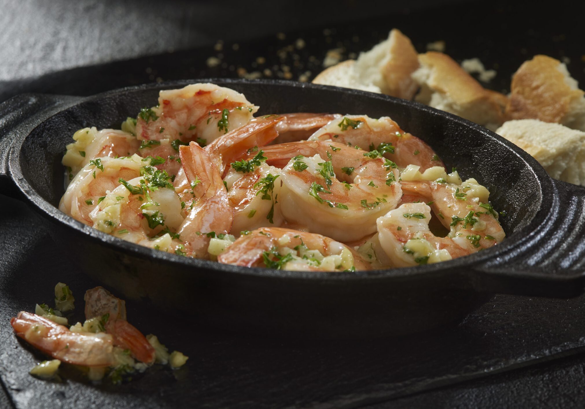 Garlic butter shrimp scampi in cast-iron skillet